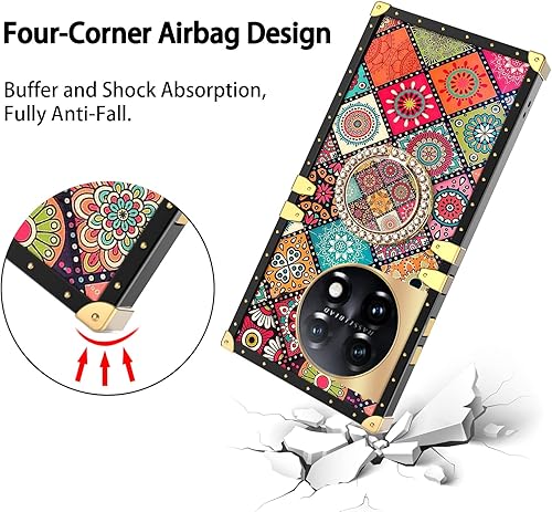 Miniatura 7 de nancheng Funda cuadrada para Oneplus 11 (6.7 pulgadas) con soporte de anillo, diseño retro de flores de mandala para niñas y mujeres, esquinas