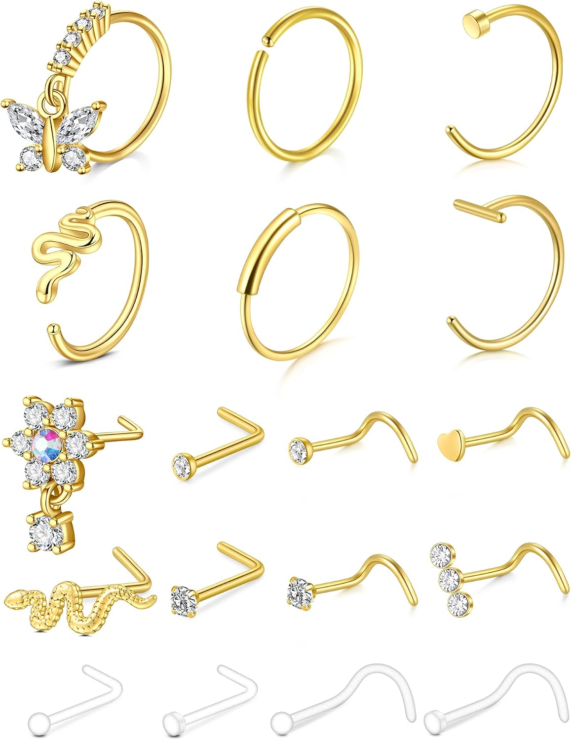 Anicina Nose Rings - 18G Hoops & Studs Piercing Kit - Surgical Steel - L Shape - CZ Heart & Moon Piercings - Silver, Gold, Rose Gold