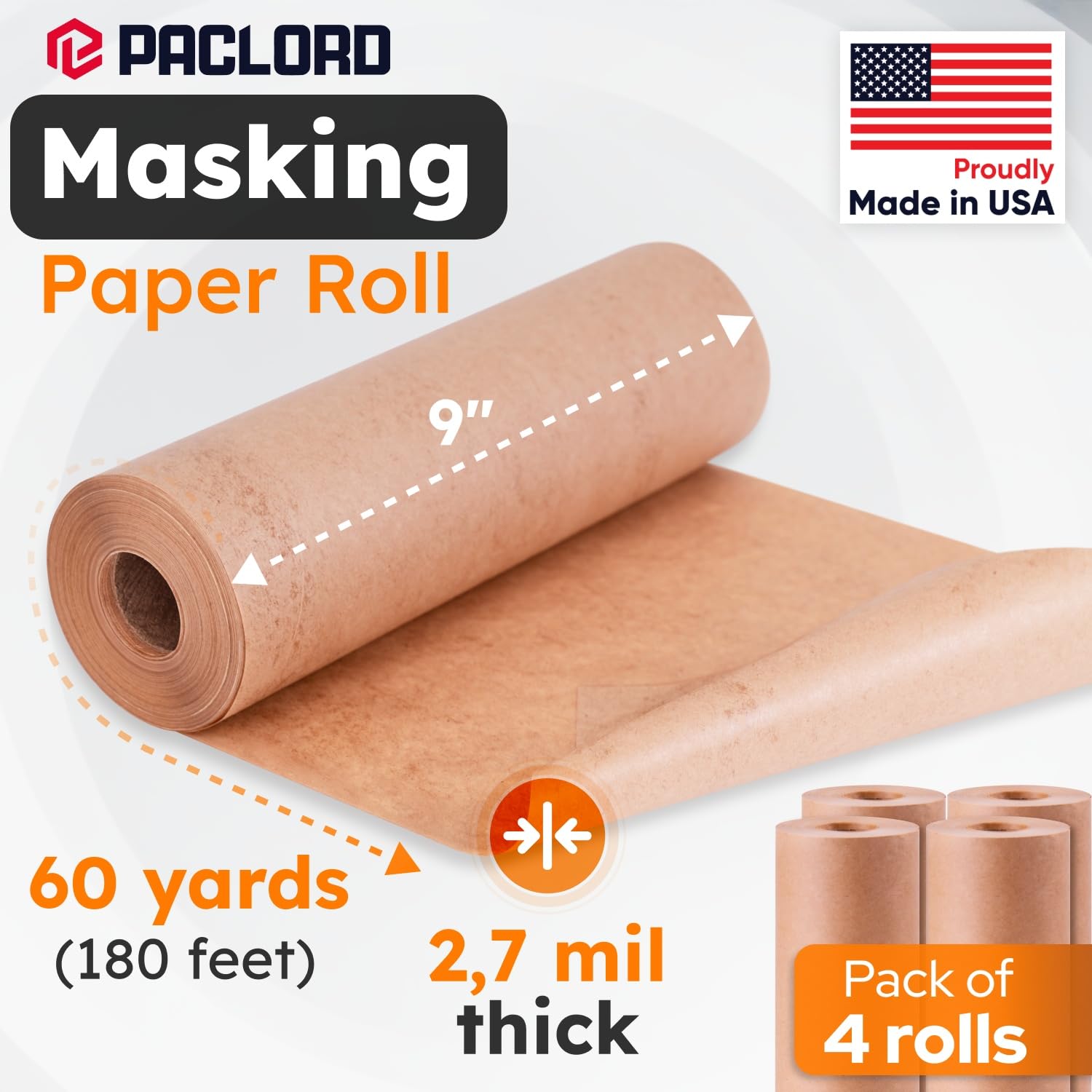 Paclord Rolka papieru maskującego 23 cm x 60 jardów (4 sztuki) – Made in USA uniwersalny papier maskujący do malowania – papier malarski do ochrony przed rozpryskami i nadmiernym spryskiwaniem