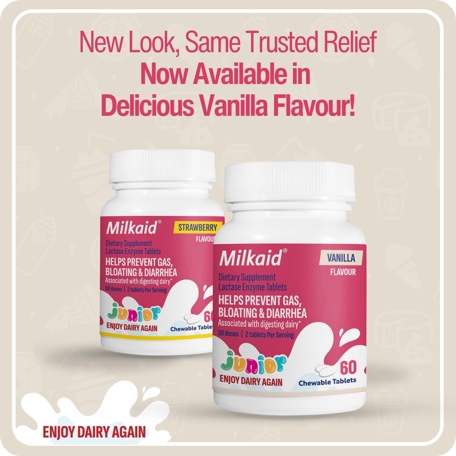 Milkaid Junior Lactase Enzyme Chewable Tablets for Lactose Intolerance | Prevents Gas, Bloating, Diarrhea in Children| Fast Acting Dairy Digestive Supplement for Kids| 60 ct (60 Tablets, Vanilla) — Amazon image 2