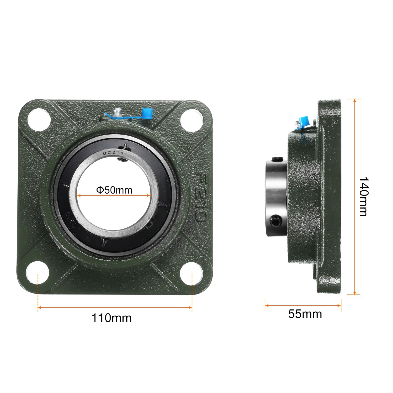 2pz UCF210 Cuscinetti a Blocchetto Cuscino con Foro 50mm Autoallineanti, Cuscinetti Acciaio Cromato Montati Flangia Quadrata con Base Ghisa Solida