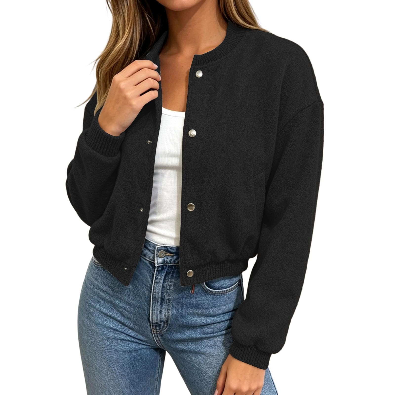 Generisch Damen Übergangsjacke Kurze Bomberjacke Casual Zip Up Sweatjacke Blouson Jacke Herbst Winter Outerwear Outdoor Cardigan Pullover Sweatshirt Y2k Sweater Knitted Top
