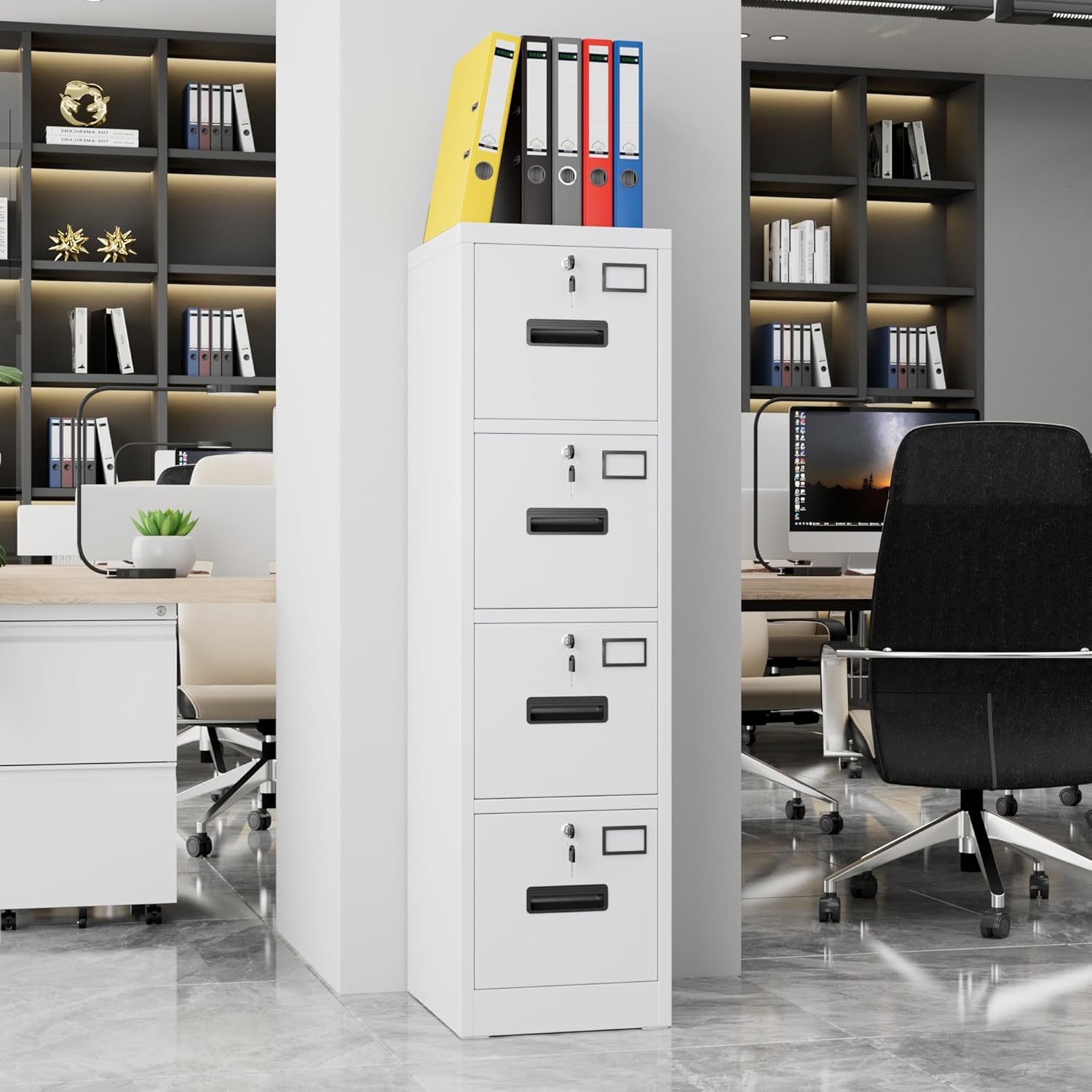 Aobabo 4 Drawer File Cabinet, Metal Filing Cabinet with Lock, Suitable for Home Office School Hanging Files Letter/Legal/A4 Size,White,Required-Assembly,17.72" D x 14.96" W x 55.2" H