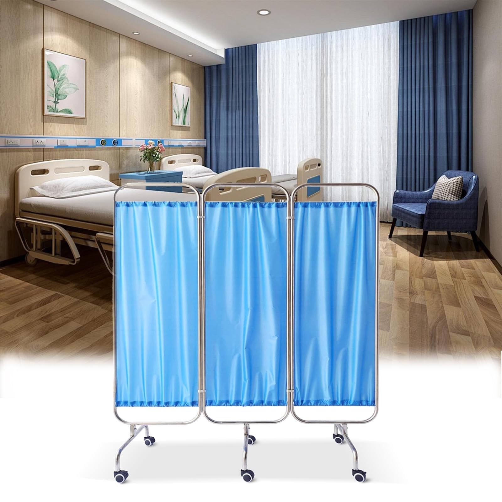 Paravento Medico Per La Privacy, Paravento Pieghevole Con Ruote, Divisorio Pieghevole Per Ambulatori, Ospedali E Case Di Cura, Struttura In Acciaio Inossidabile(Blue,3 Panels)