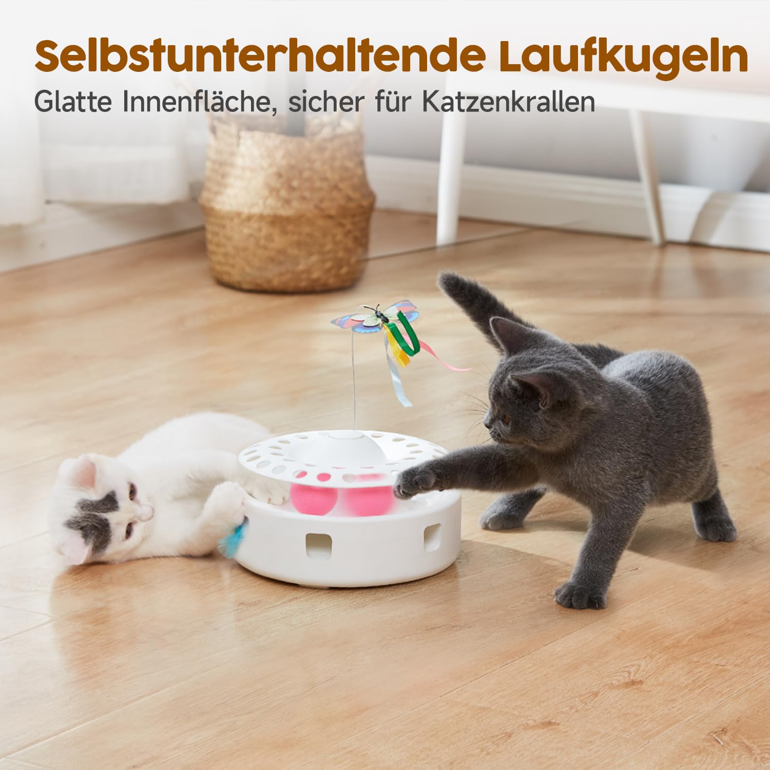 Potaroma 3-in-1 Interaktives Elektrisches Katzenspielzeug – Automatisches Federspiel, Flatternder Schmetterling & Katzenballbahn – USB-betrieben & Batteriebetriebenes für Wohnungskatzen