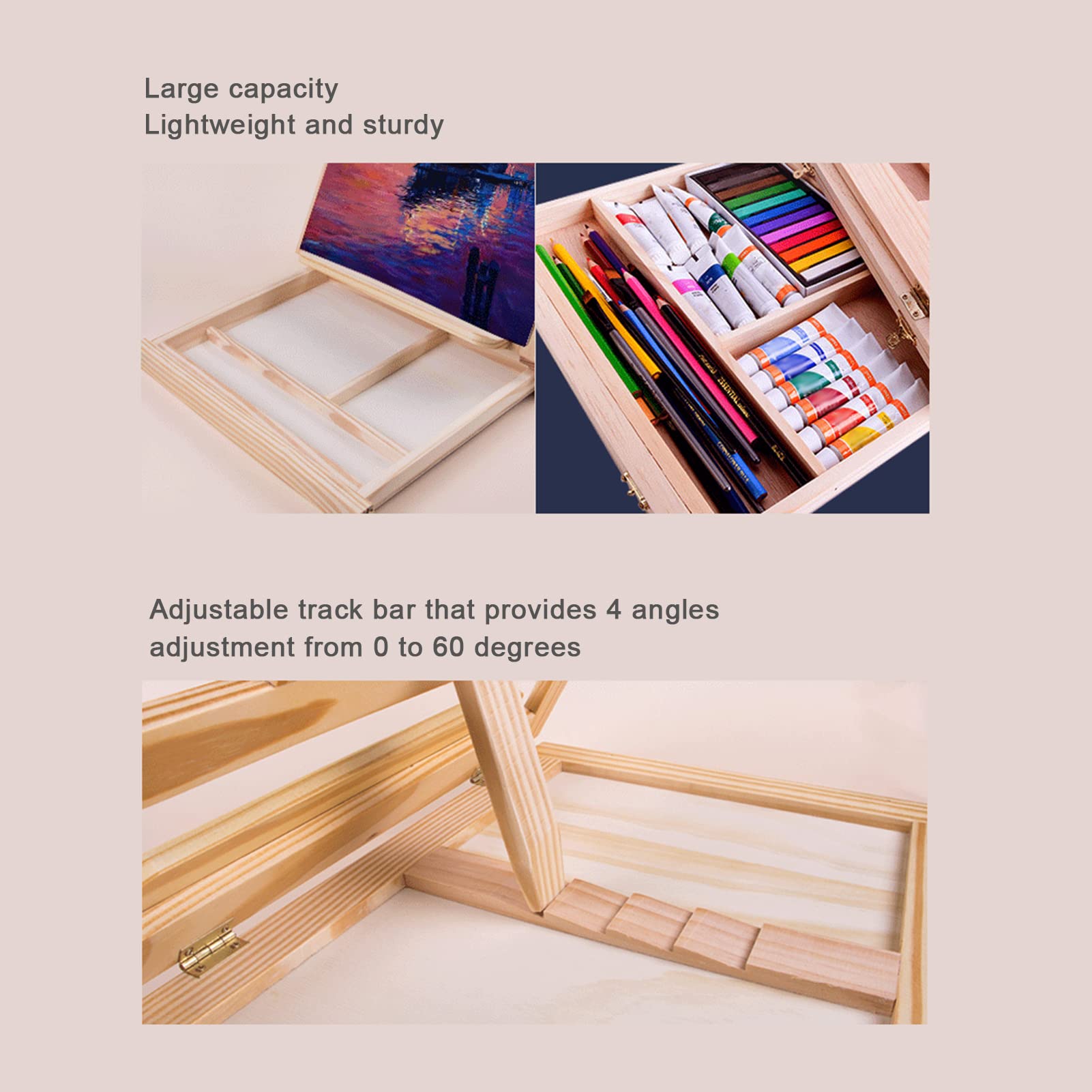 Sorandy Caballete de Mesa, Barra de Riel Ajustable, 4 ángulos, Plegable, Liviano, Resistente, Soporte de Exhibición de Madera de Pino con Cajón para Pinturas, Obras de Arte, Fotos,