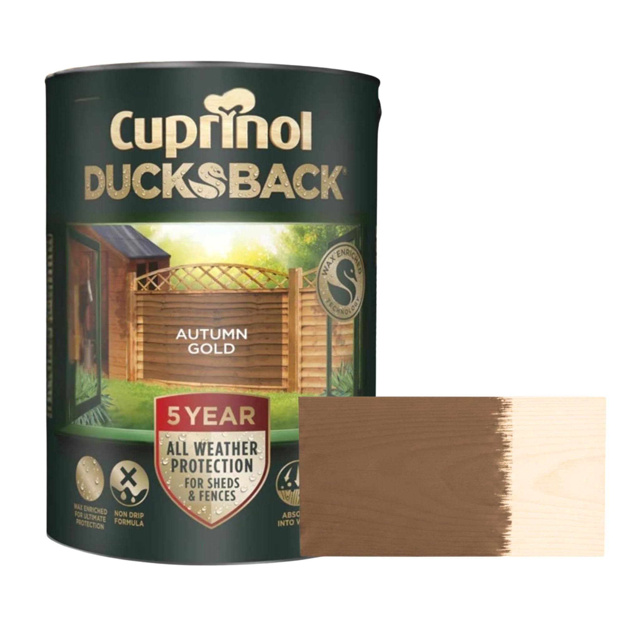Aruuj 5L Ducksback Paint Autumn Gold, Fence Paint Extends Timber Life, Water Repellent Wood Treatment, Painting Shades Protects Against UV, Rain & Frost, Fast Drying Low Odour