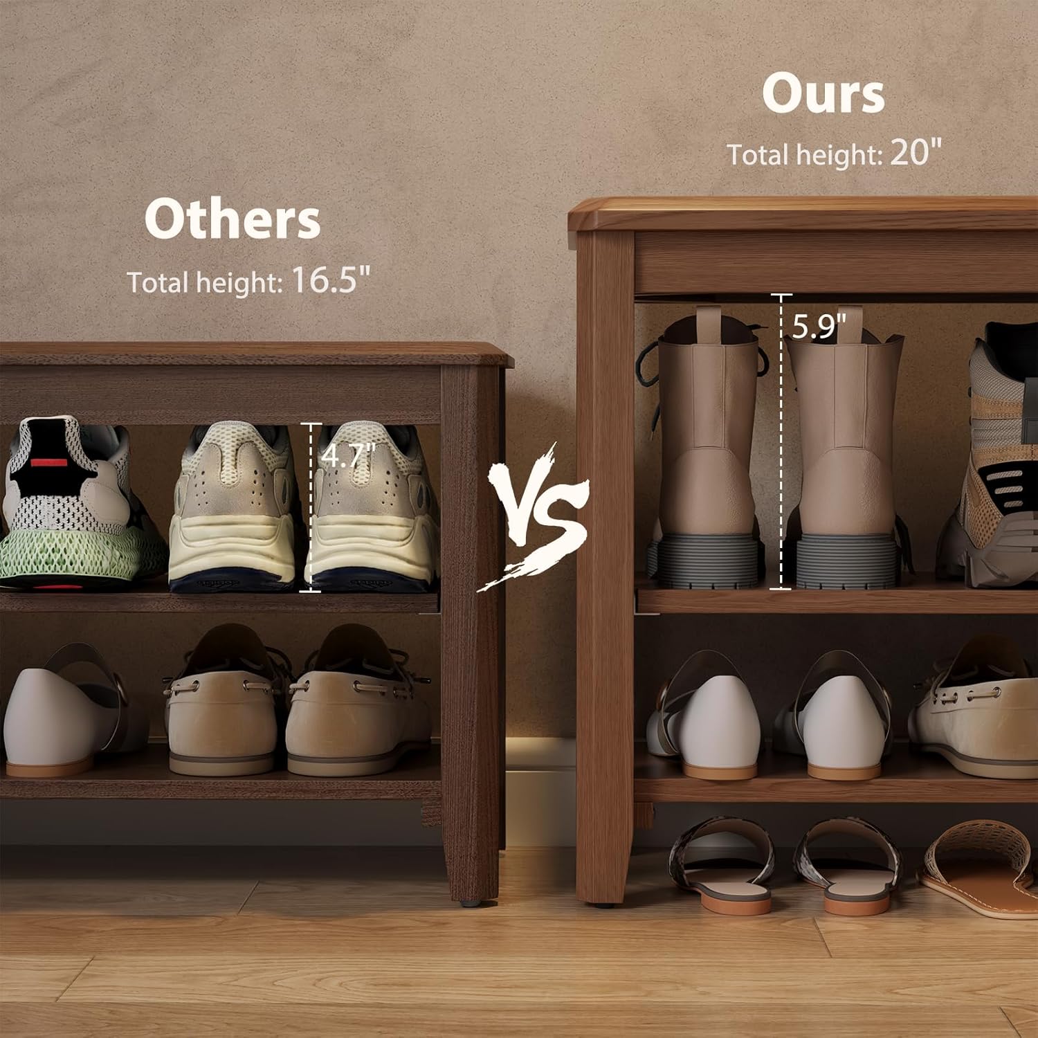 AQIMUELE Wood Shoe Rack Bench for Entryway, 2 Tier Shoe Rack for Front Door Entrance, Shoe Bench with Shoe Storage for Entryway, Bedroom, 47.2"