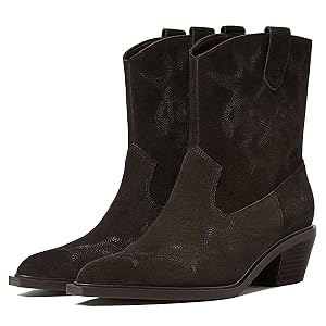 Women Chunky Stacked Heel Western Ankle Booties Embroidered Suede Pointed Toe Mid Calf Cowboy Boots Pull On Block