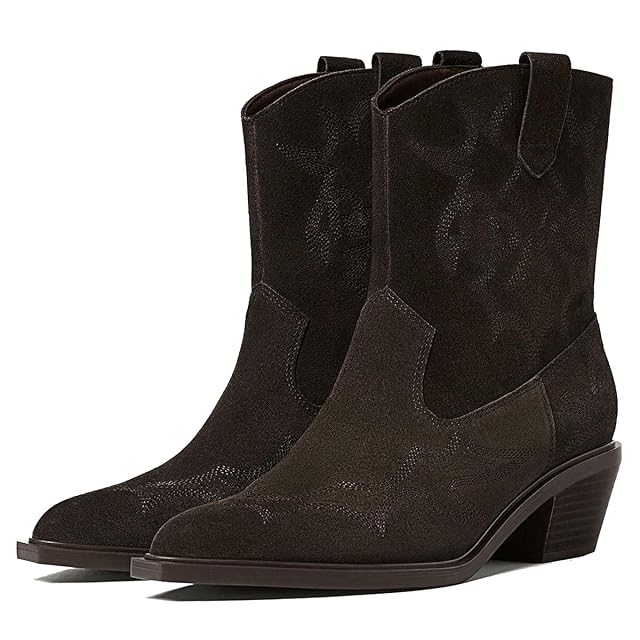 Women Chunky Stacked Heel Western Ankle Booties Embroidered Suede Pointed Toe Mid Calf Cowboy Boots Pull On Block