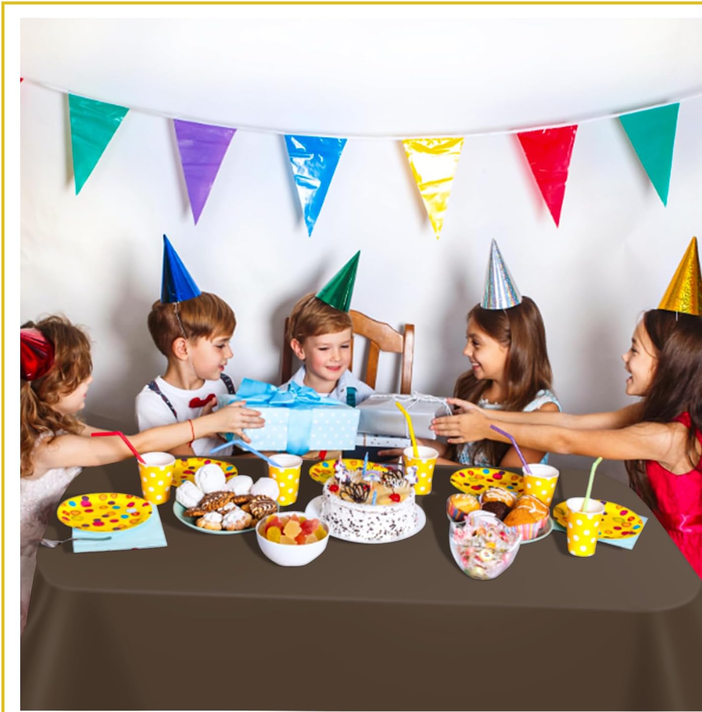 tujol Brown 6 Pack Plastic Table Cloth 54" x 108", Disposable Tablecloths Rectangle Table Cover, Plastic Tablecloths for Parties