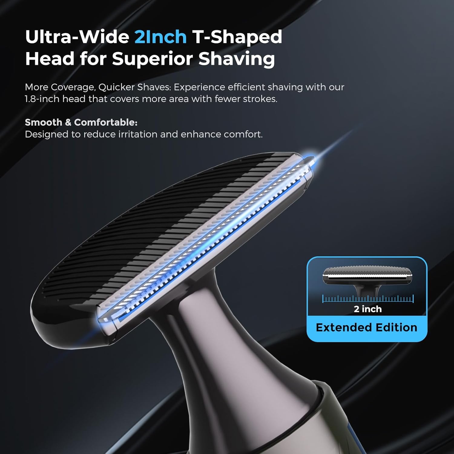 FOKE Back Shaver for Men, Ultra-Wide 2" T-Shaped Head, Travel Case, LED 4 in 1 Mens Back Shaver Rechargeable with Long Handle, Safety Lock, IPX7, Multi-Functional Back Trimmer for Men, (Cool Black)