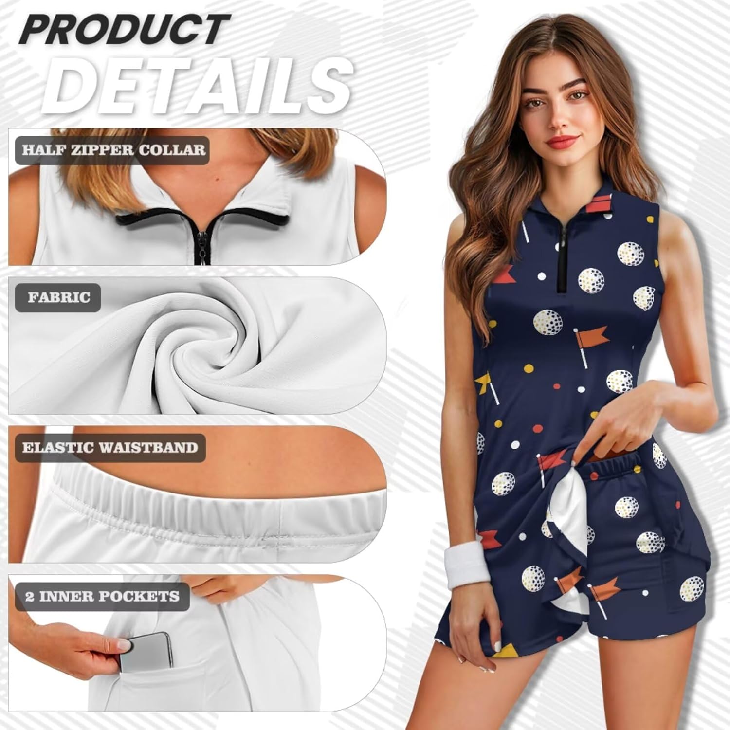 COEQINE Athletic Tennis Dress for Women Golf Built in Shorts Adjustable Sun Hat Set for Actice,XS-2XL