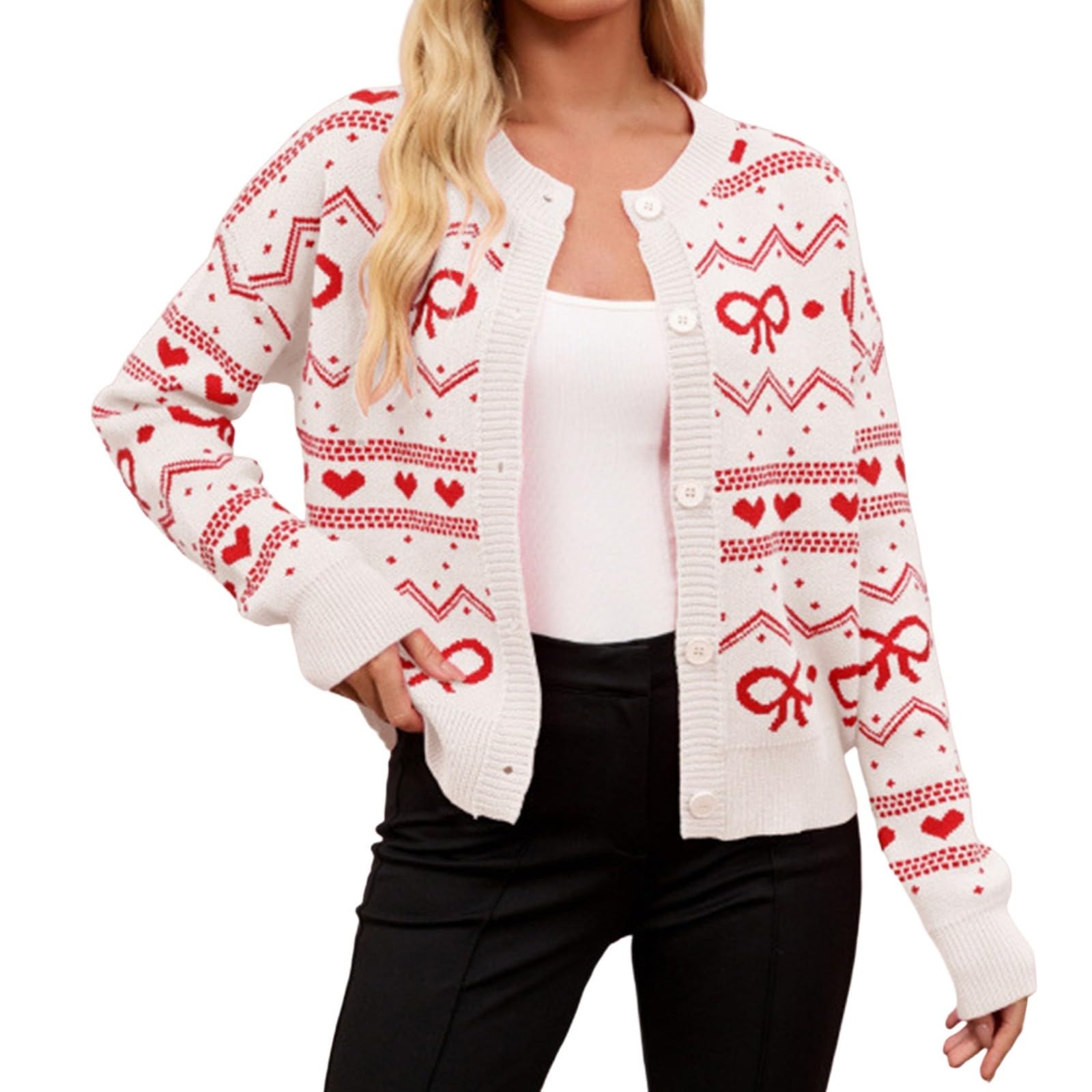 Generisch Chaqueta de punto para mujer, otoño, invierno, día de San Valentín, cárdigan de punto con diseño de corazones, acogedora y suave, tira de botones, ropa exterior informal para el día a día y