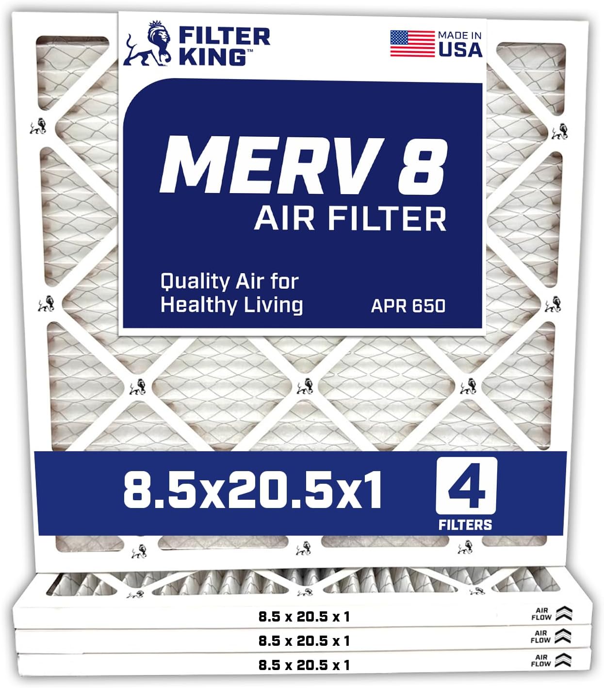 Filter King 8.5x20.5x1 Air Filter | 4-PACK | MERV 8 HVAC Pleated A/C Furnace Filters | MADE IN USA | Actual Size: 8.5 x 20.5 x .75"