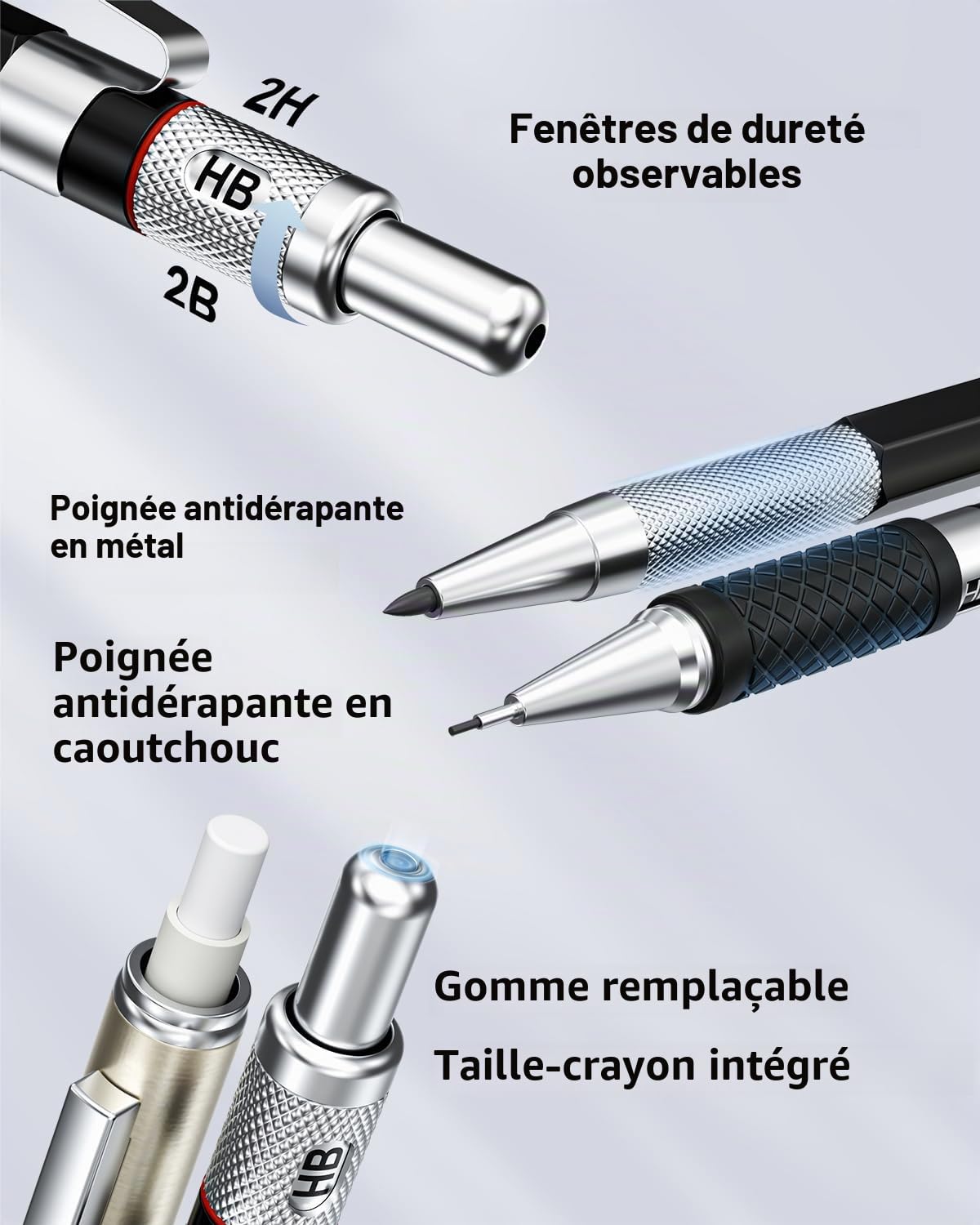Four Candies Criterium Dessin, Esquisse Crayon Mécanique Porte Mines en Métal 0,5. 0,7. 0,9 . 2 mm (Coloré HB 2H 2B 4B) Jeu de 25