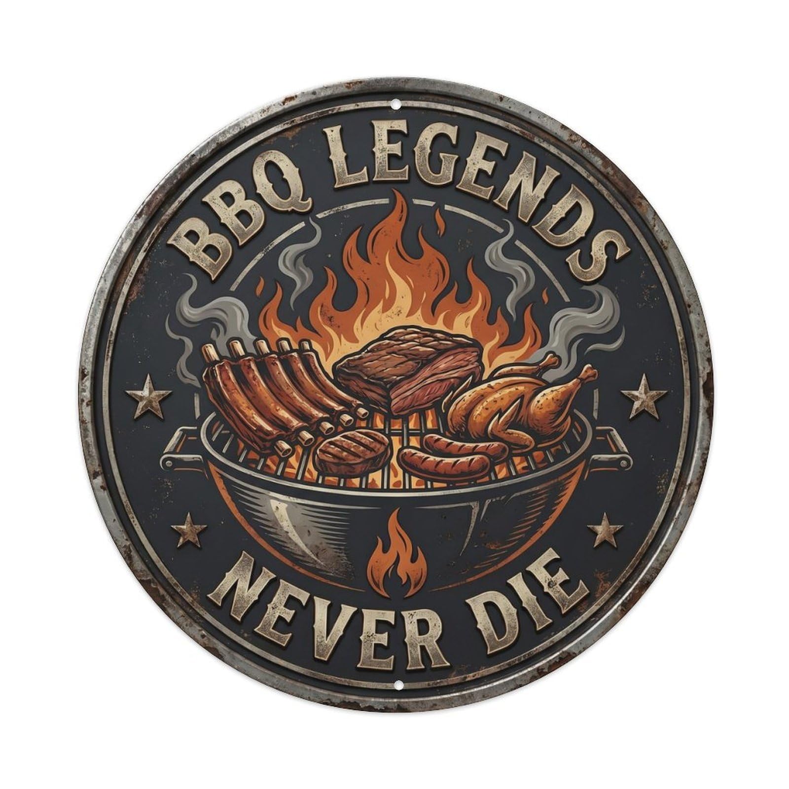 BBQ Barbecue Legends Never Vintage Metal Tin Sign Plaque Wall Decor for Cafe, Club, Garden Round Metal Poster 8x8Inch