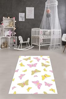 Pelangi Kelebek Şeklinde Kelebek Desenli Dijital Baskı Yıkanabilir Kaydırmaz Leke Tutmaz Çocuk Odası Halısı, Pembe-Beyaz 80 x 350