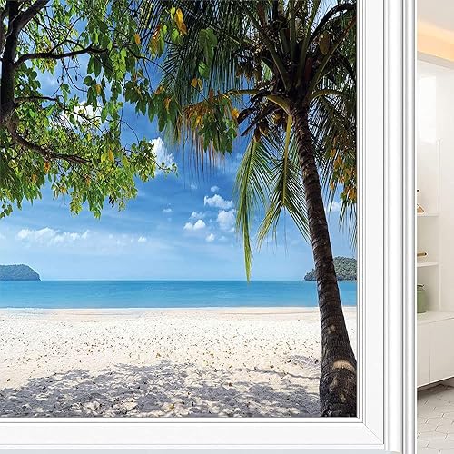 Vista 137 de Tropic - Película 3D para ventana, palmeras tropicales oceánicas en isla soleada, imagen panorámica, para puerta de cristal, baño, sala de estar