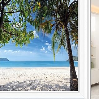 Summer Privacy Window Film, Tropical Beach Ocean Behind Palm Tree Caribbean Exotic Holiday Image, Glass Film for Home Office Living Room, W23.6 x L35.4 Inch Fern Green