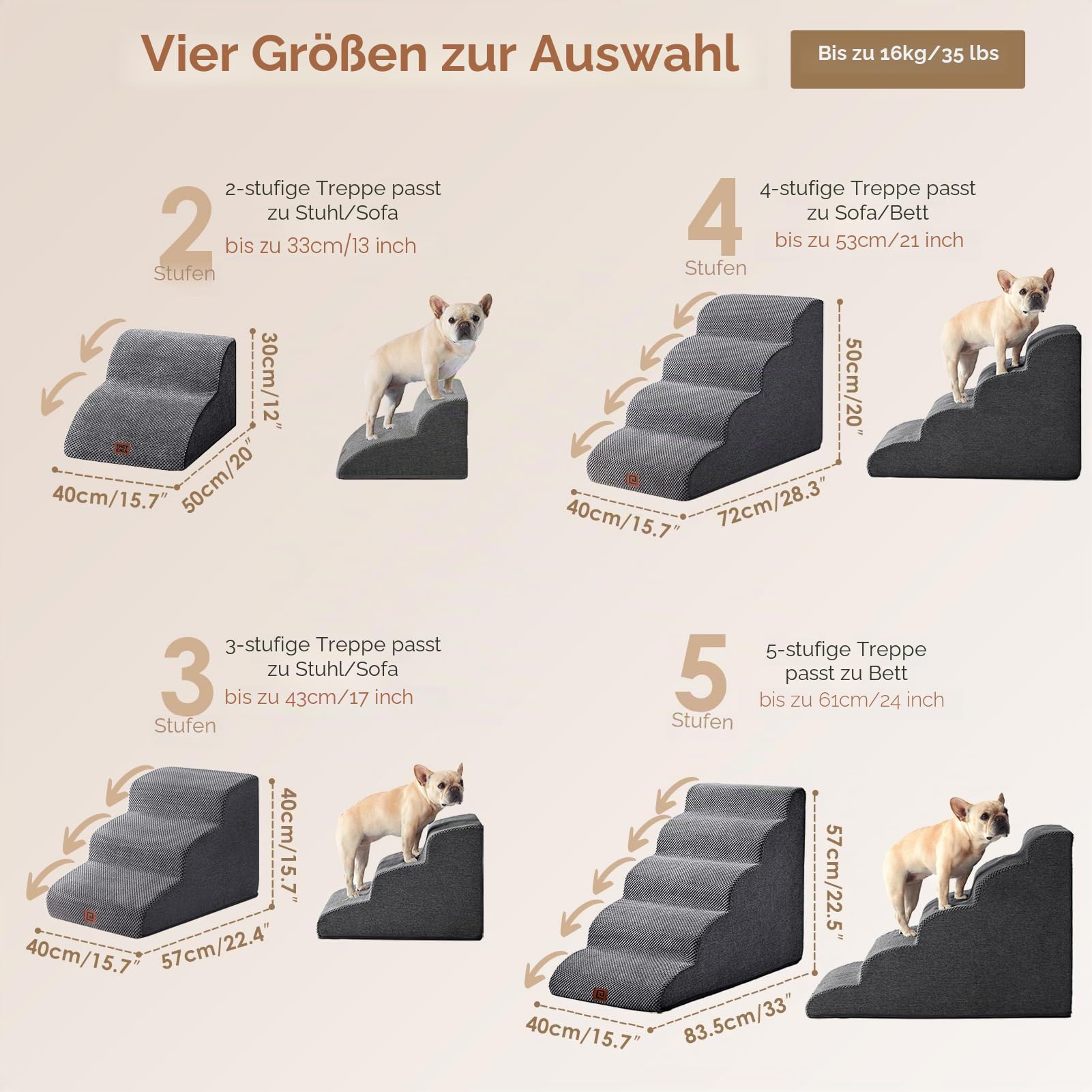 EHEYCIGA Hundetreppe für Kleine Hunde 40 cm Hoch, Haustiertreppe für Sofa Bett, Treppe für Hunde aus Hochdichtem Schwamm, Hunderampe mit Waschbarem Bezug und Rutschfestem Boden, 3 Stufen, Grau