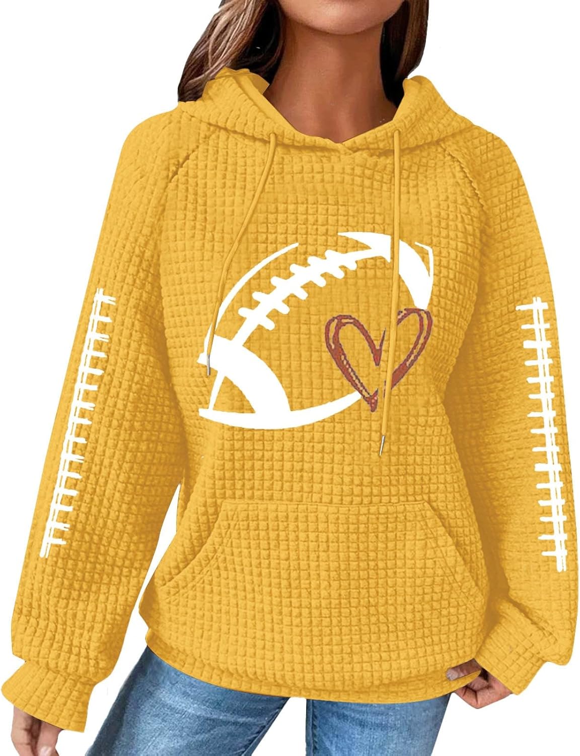 Waffle Knit Hoodie Women’s Game Day Hooded Sweatshirt Funny Football Graphic Long Sleeve Pullover Tops with Pocket