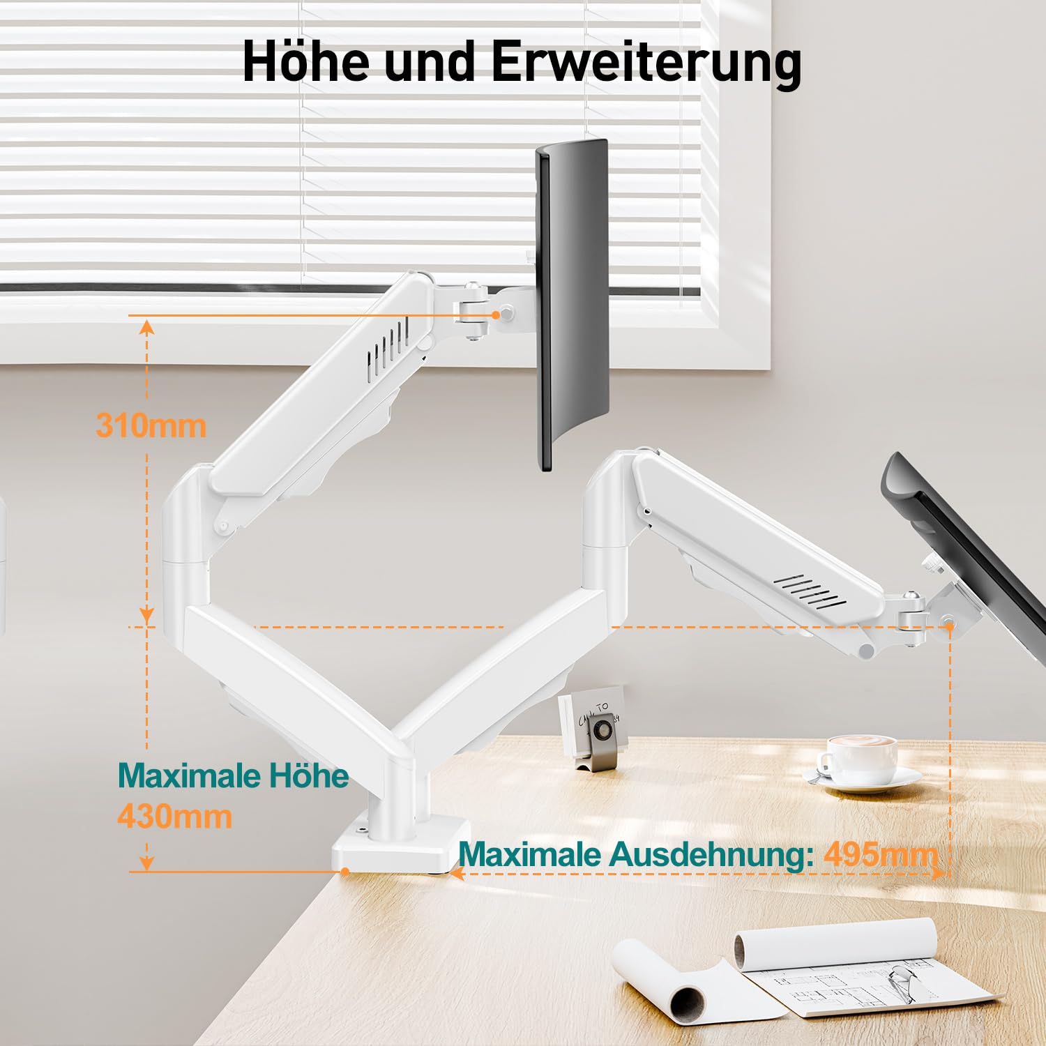 ELIVED Dual Monitor Halterung 2 Monitore weiß für 13-32 Zoll Bildschirme mit VESA 75/100, Gasdruckfeder 2 Monitorhalterung schwenkbar 180°, Drehbar 360°, Höhenverstellbar Monitor Arm, 9kg/Arm