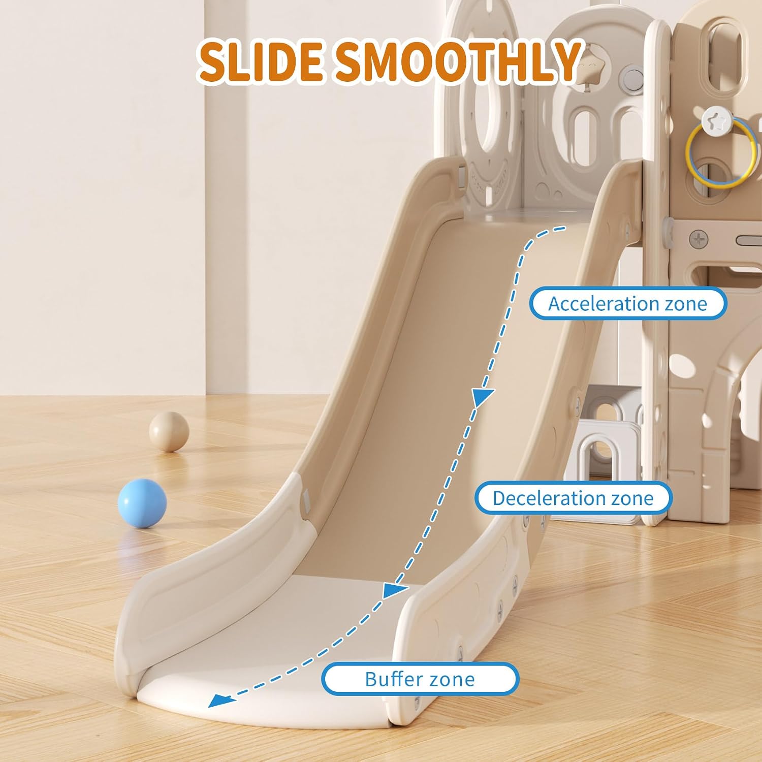 UNICOO Kids Slide Playset, Toddlers Playground, Kids Playhouse with Slide, Tunnel, Basketball, Climber and Storage Space (Playhouse White + Coffee)