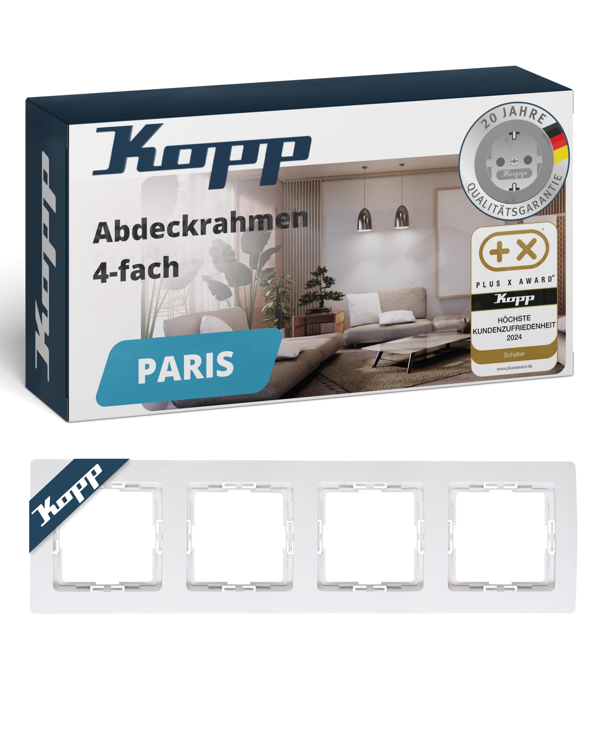 Kopp PARIS 4-fach Abdeckrahmen in Arktis-Weiß - 8,3 x 29,6 cm - Rahmen für Steckdosen & Schalter - Stilvoller Steckdosenrahmen aus Kunststoff - Hochwertiger Lichtschalter-Rahmen