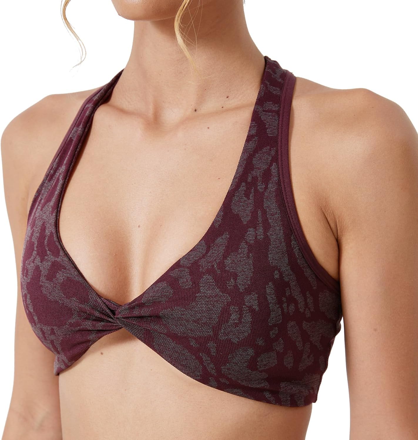 Women’s Seamless Racerback Sports Bra–Twist Front Workout Gym Crop Top,Stretchy Light Support Yoga Bra