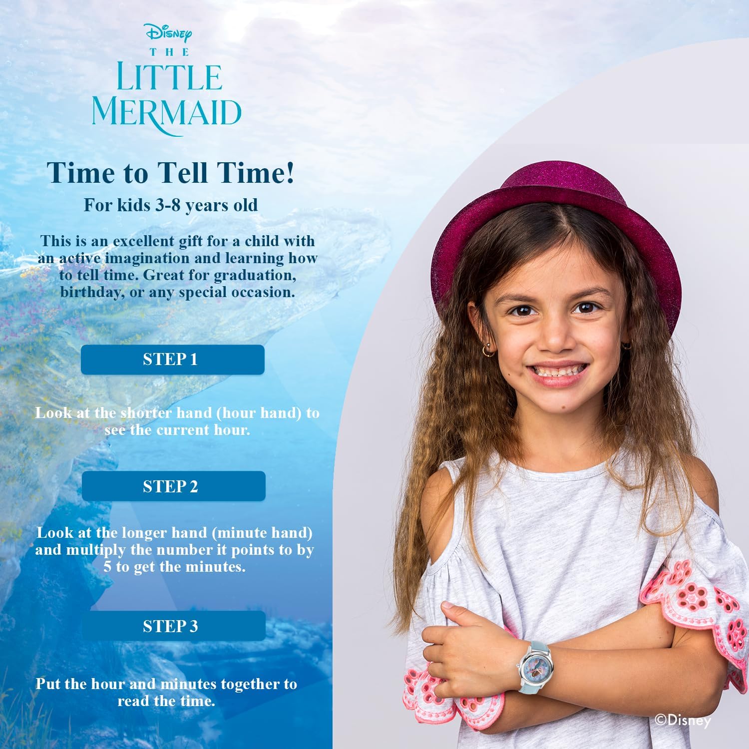 Disney Little Mermaid Watch for Girls Age 4–7 Featuring Ariel – Ideal Princess Gift for Kids Learning Time – Easy-Read Character Dial, Silver Bezel, and Comfortable Blue Leather Strap