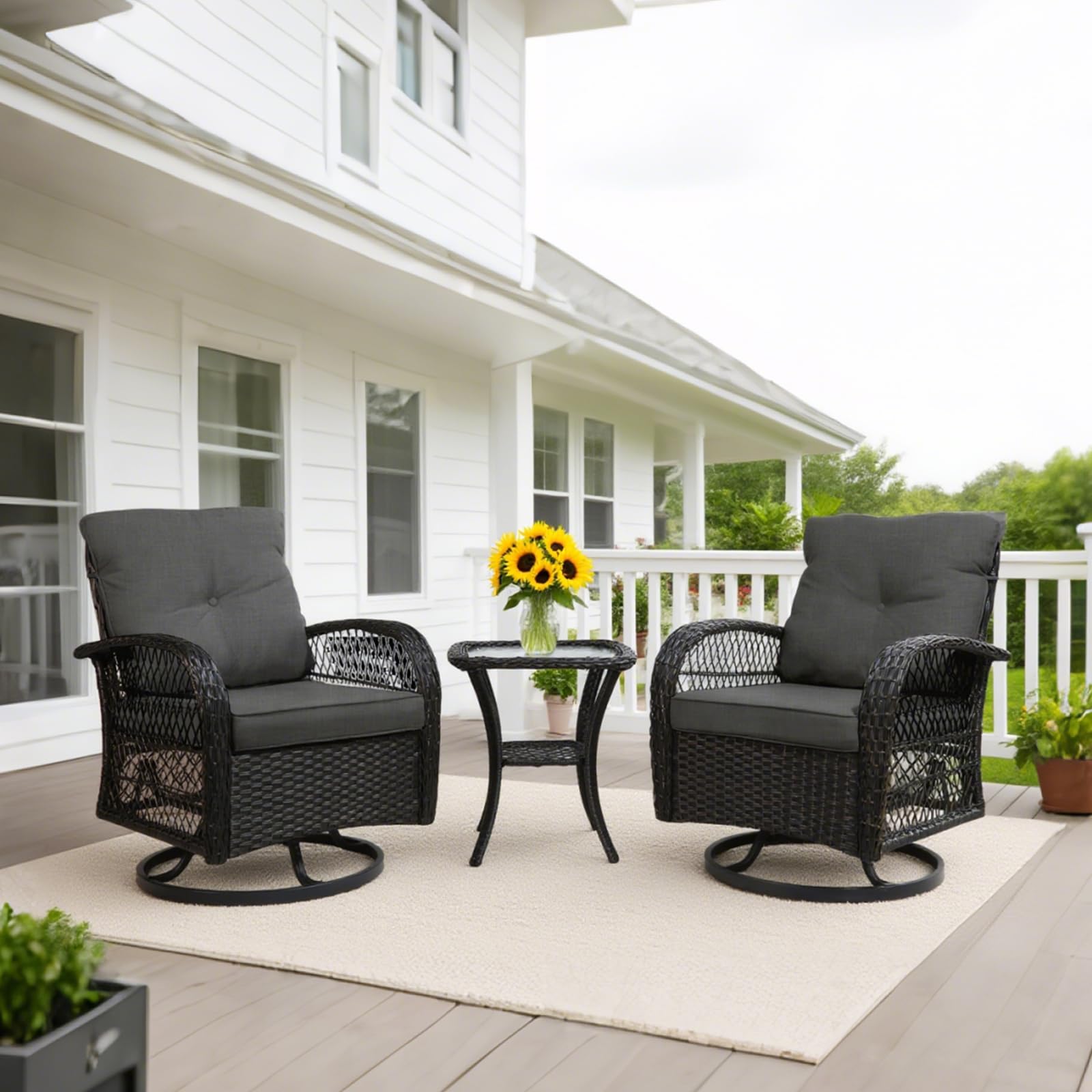 Patio Furniture Set of 3, Outdoor Swivel Rocker Patio Chairs - 2 Piece Wicker Patio Rocking Chairs with Side Table, 360 Degree Swivel Seat with 6 Inch