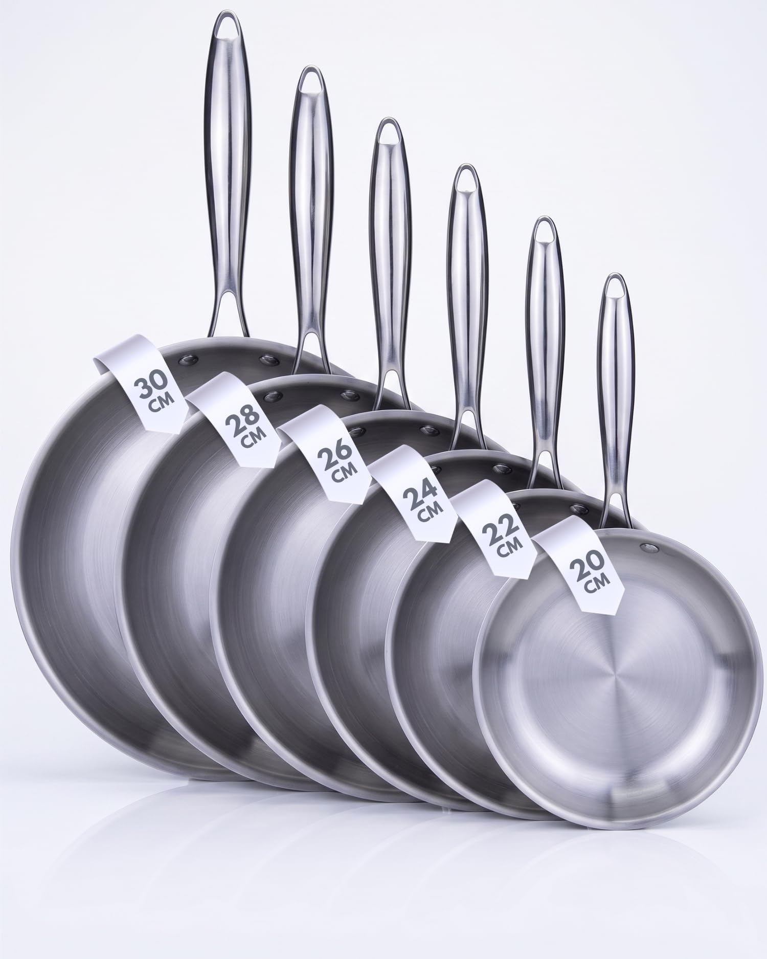 BAVARY 18/10 Stainless Steel Pan Set (20-22-24-26-28-30cm) - Induction Hob Pan Set - Uncoated Frying Pans - Induction Pan Set Comp. with All Hobs, Dishwasher-Safe, PFAS-Free Stainless Steel Frying Pan