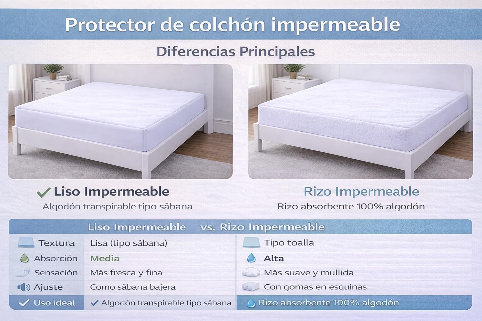 TRAMAS+ Protector Colchón Liso Impermeable Cama 150 – Cubrecolchón Algodón Transpirable, Suave y Ajustable 150x190 / 200 cm