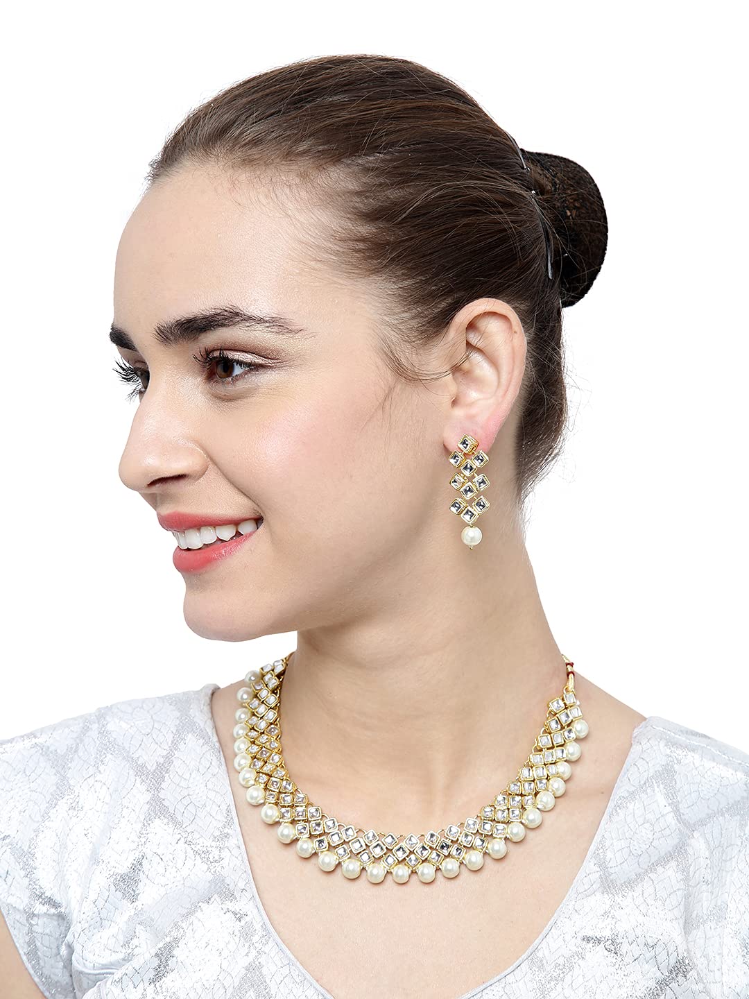 Pearl Kundan Choker Necklace Set With Earrings