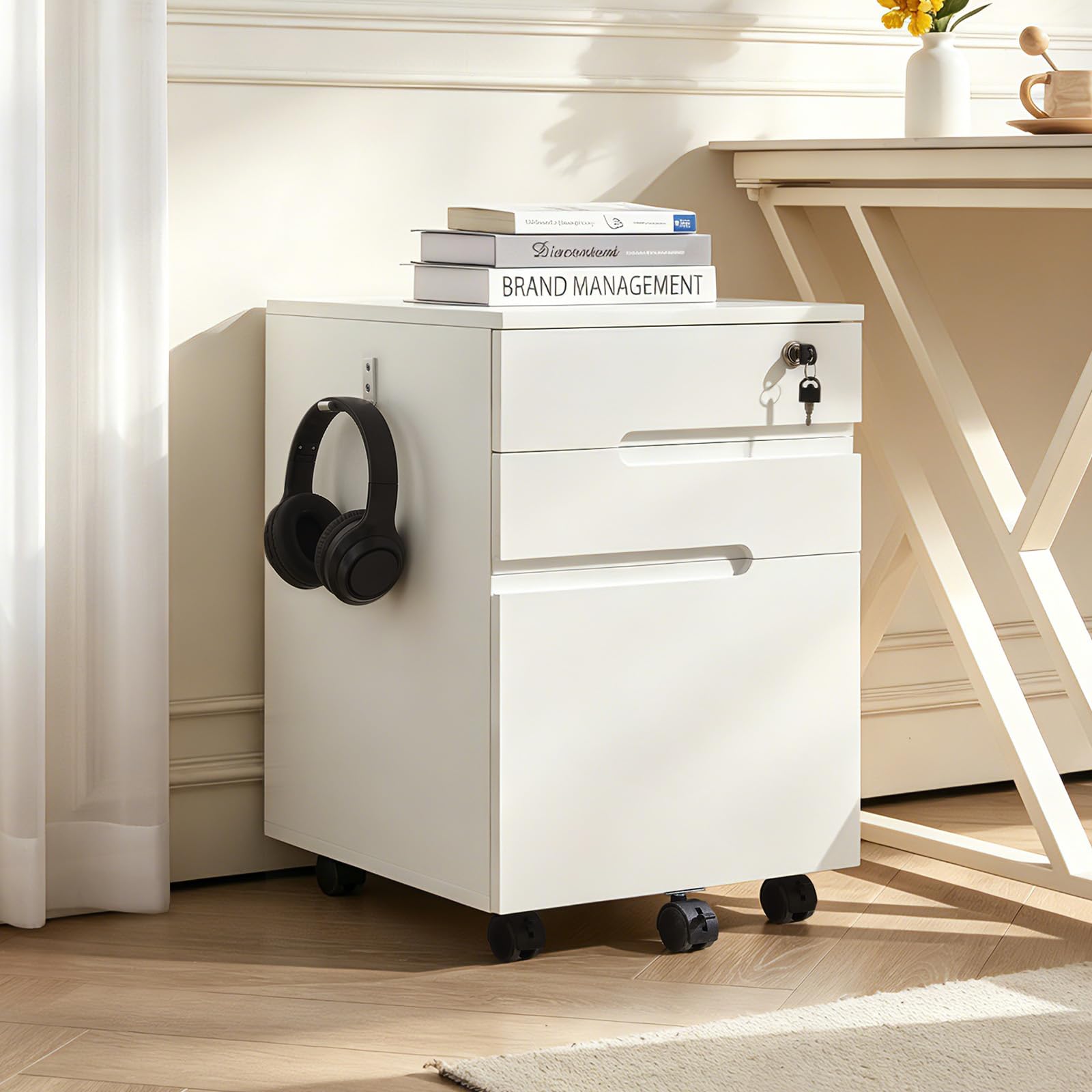 TUKAILAI Rollcontainer abschließbar, Weiß, 40cm | 3 Schubladen, Mobiler Aktenschrank Holz, Auf Rollen und Haken, Für Akten Dokumente, Unterschrank Schreibtisch