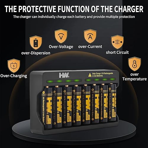 Miniatura 2 de HW Baterías AA recargables con cargador AAAAA, 1.5V, paquete de 8 Cargador de batería de litio doble A de 3500 mWh, cargador de baterías para