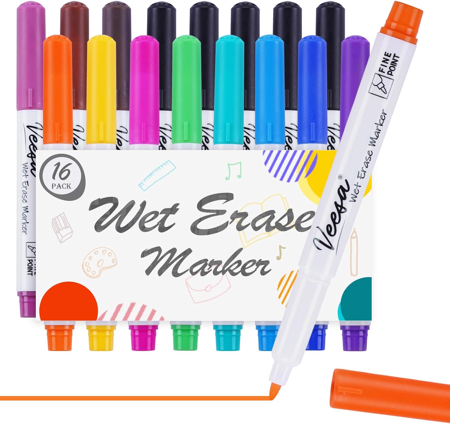 VEESA Wet Erase Marekrs Fine Point, 16 Count (12 Colors