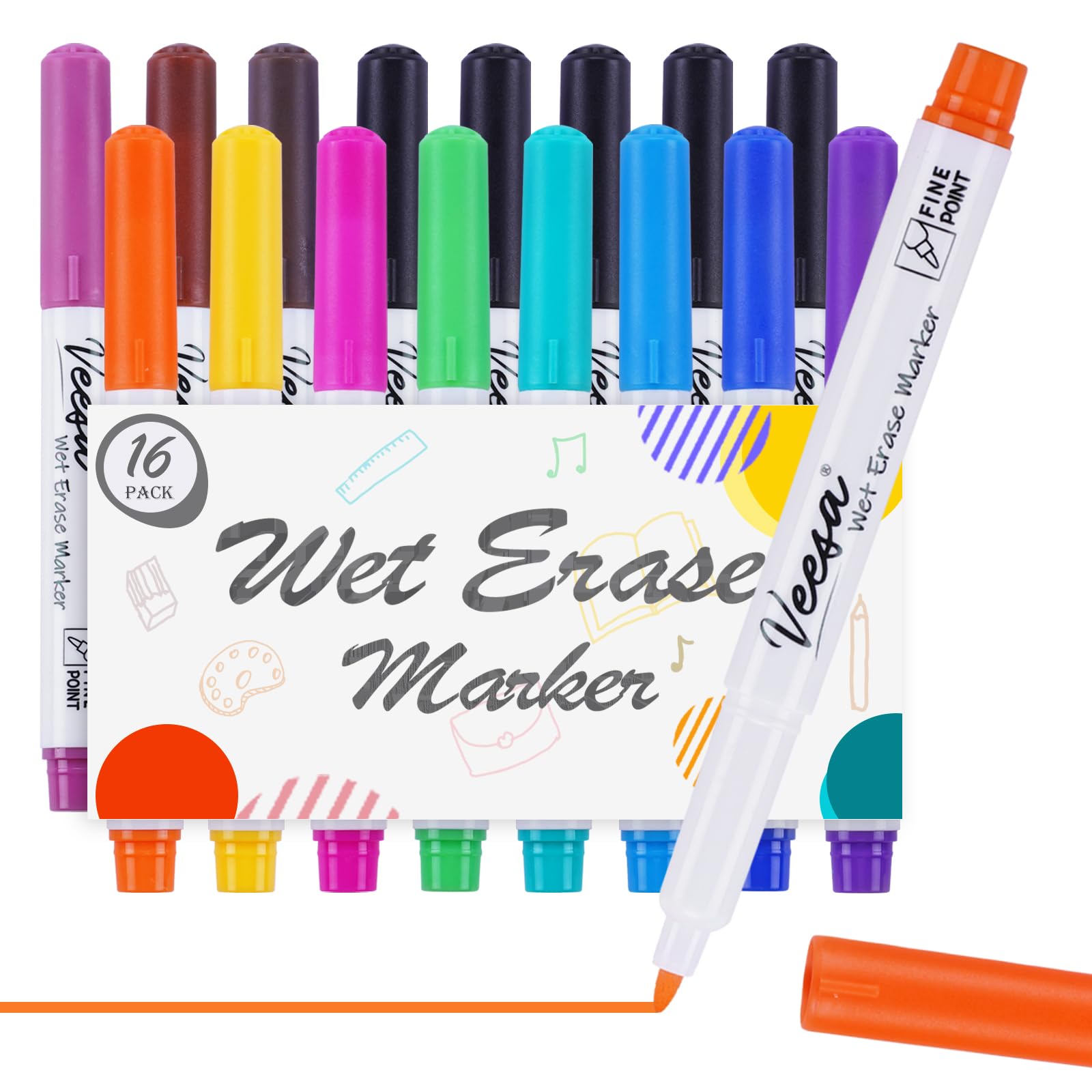 VEESA Wet Erase Markers Fine Tip, 16 Pack (12 Colors) Liquid Chalk Markers for Laminated Calendars Whiteboard Schedule Glass, Wipe with Water | Non-Toxic | Smudge-Free