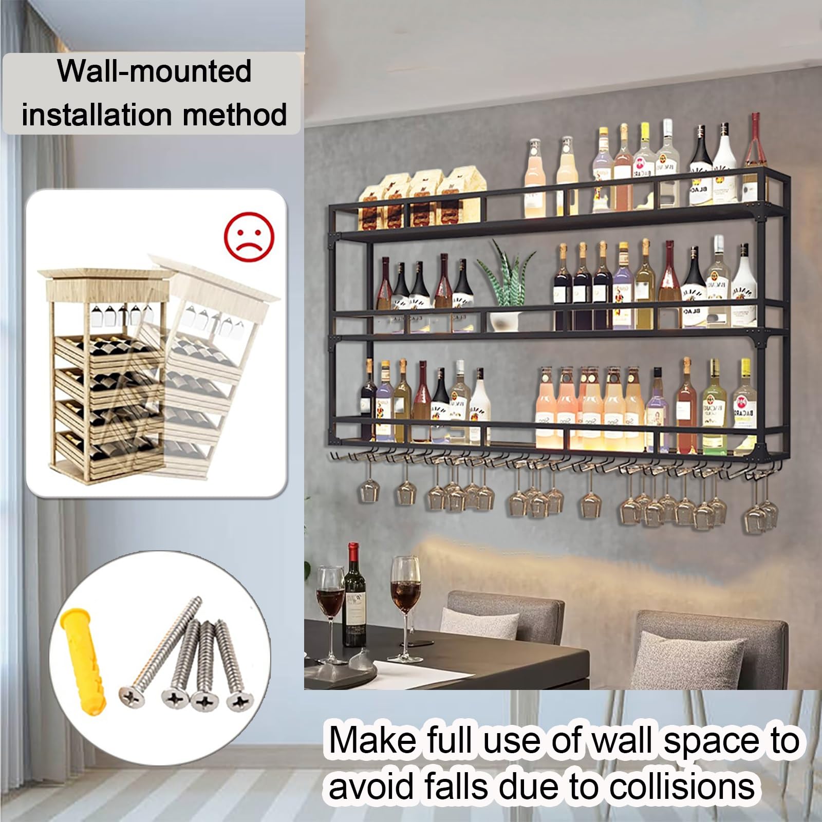 Portabottiglie Da Parete In Metallo 99 Cm Con Luci LED, 3 Ripiani Per Liquori E Calici, Supporto A Muro Per Mini Bar E Casa - 4