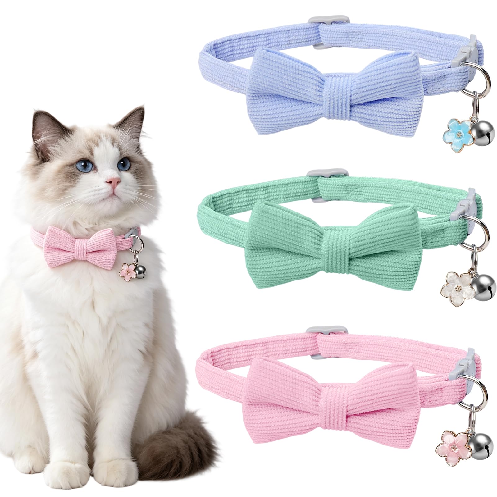 ZTUELIA 3 Pack Cat Bowtie Collar Breakaway with Bell for Kittens