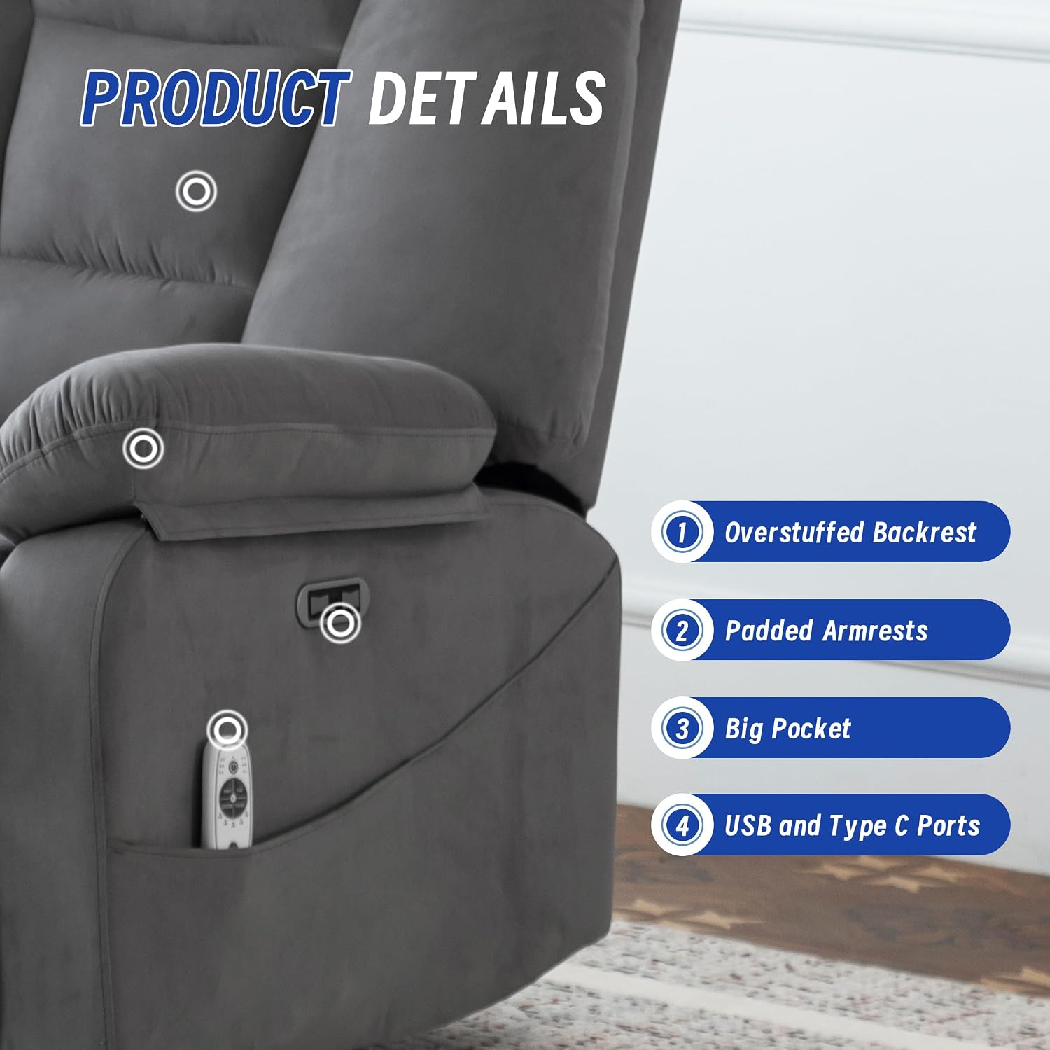 Power Swivel Rocker Recliner Chair for Adults,Rocking Recliners Chairs with Massage and Heat for Living Room, Electric Fabric Reclining Sofa Chair with USB and Type-C Port (Gray)