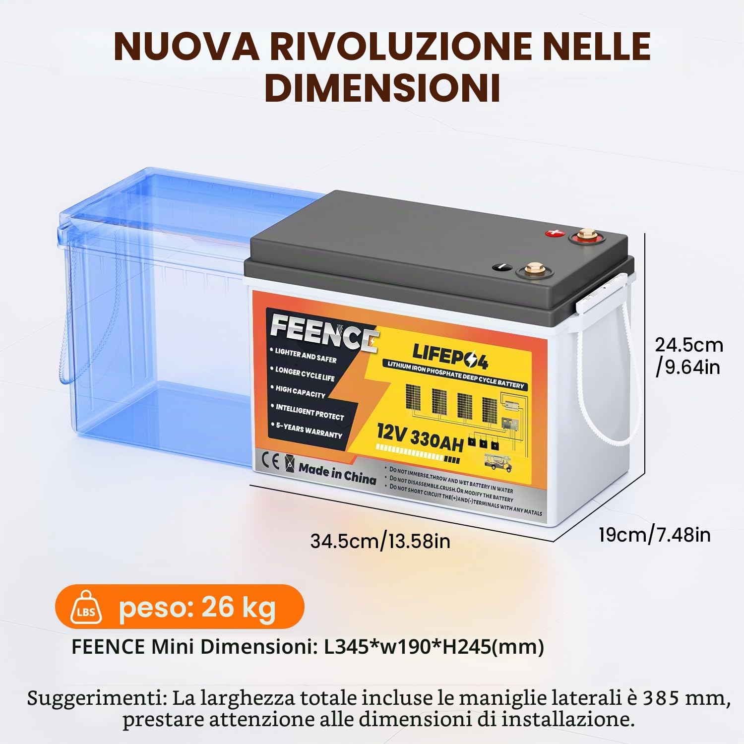 MINI LiFePO4 12 V, 330 Ah Batteria al Litio, Autobatterie BMS da 200 A, Batteria al Litio con Bluetooth, fino a 15000 cicli, Max. 4224 Wh di energia con spegnimento a bassa temperatura