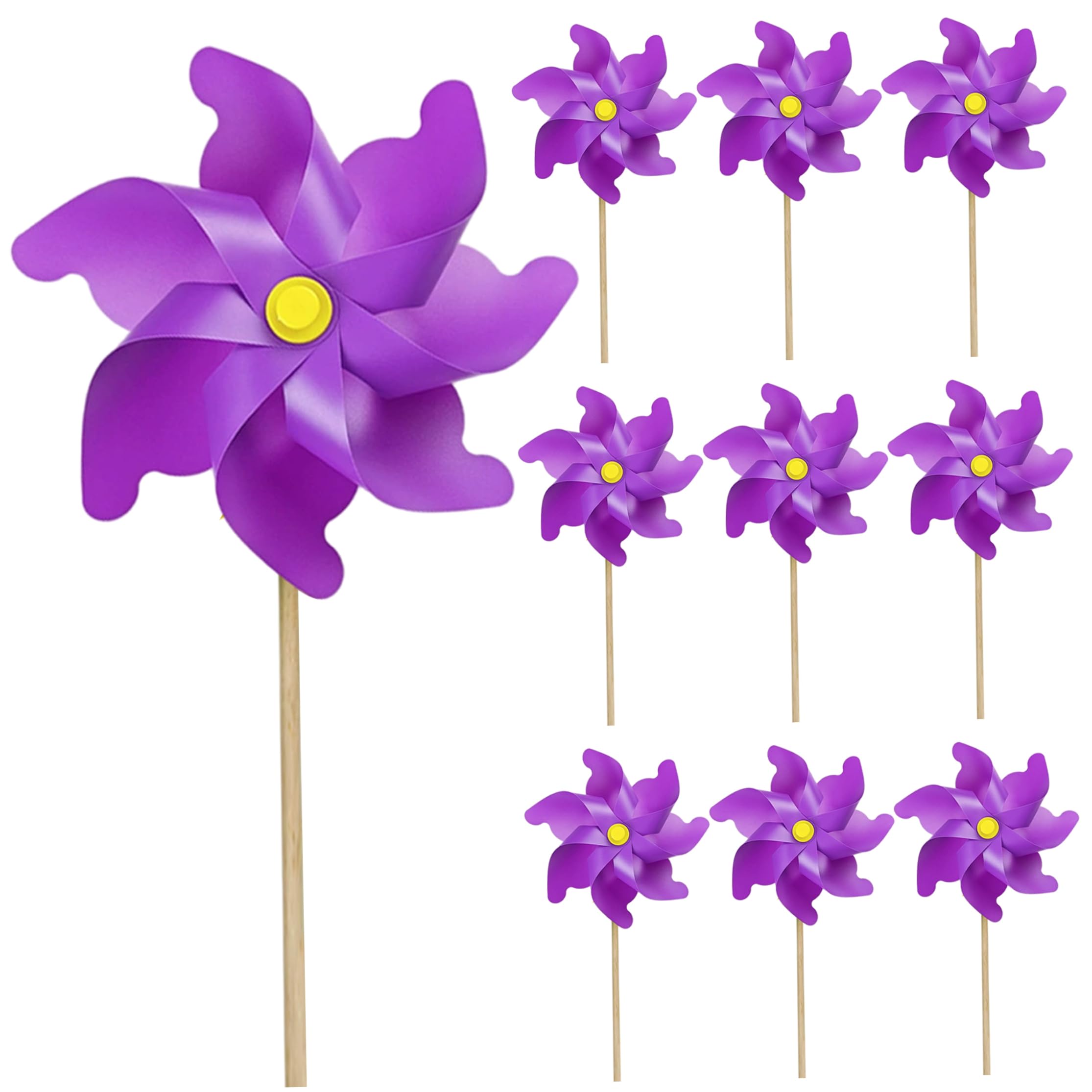 10 Stück 7-Zoll-Windräder aus Kunststoff für den Garten mit 15-Zoll-Holzstange, Windspiele für den Außenbereich, Windräder für Garten und Kinderspiele, Vogelschreckgerät, Lila