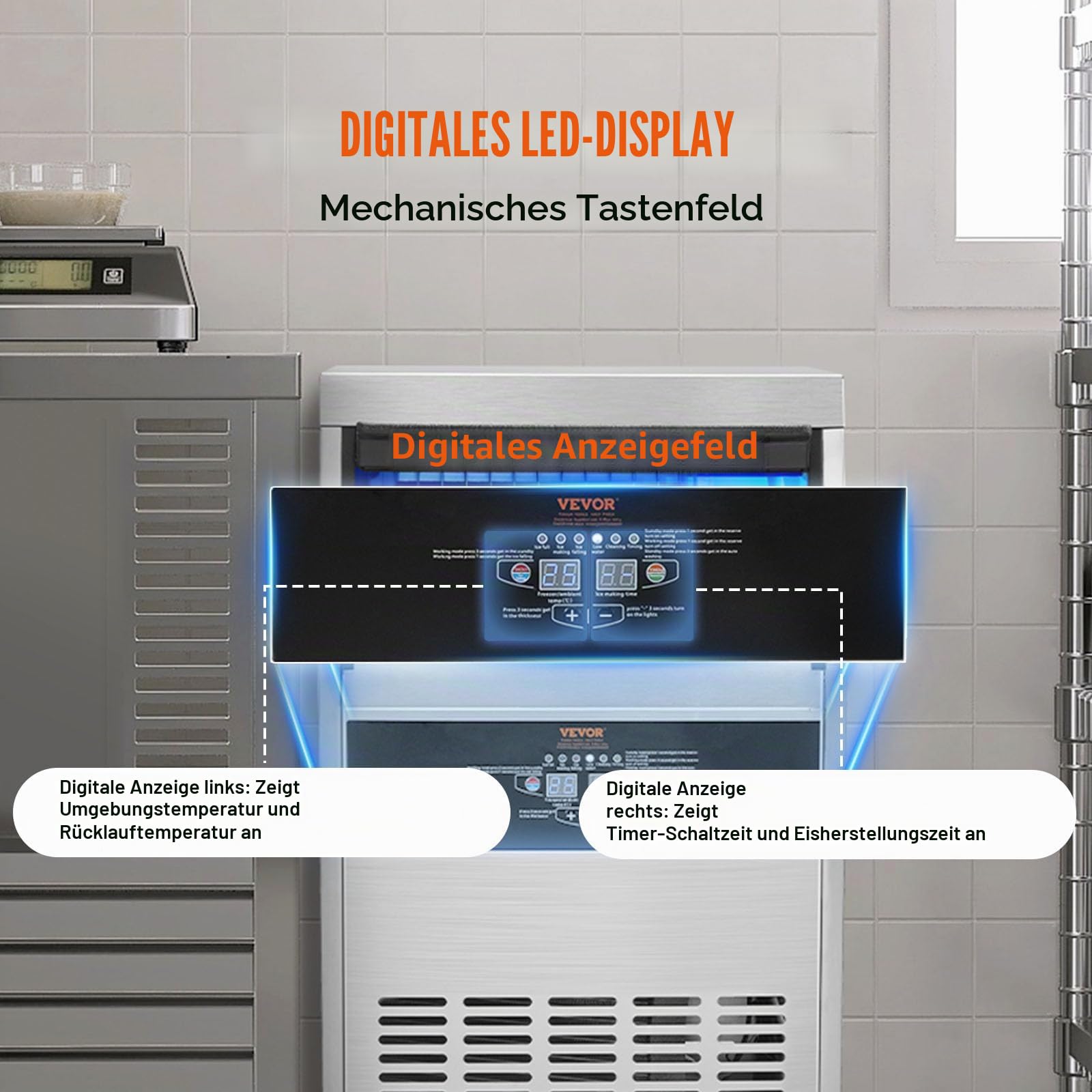 VEVOR Kommerzieller Eiswürfelbereiter Eismaschine 56 kg / 24 h, Leichte Würfeleismaschine 15 kg Eisspeicherkapazität 60 Stk. Eiswürfel, Edelstahl Eiswürfelbereiter inkl. Wasserfilter & Eisschaufel