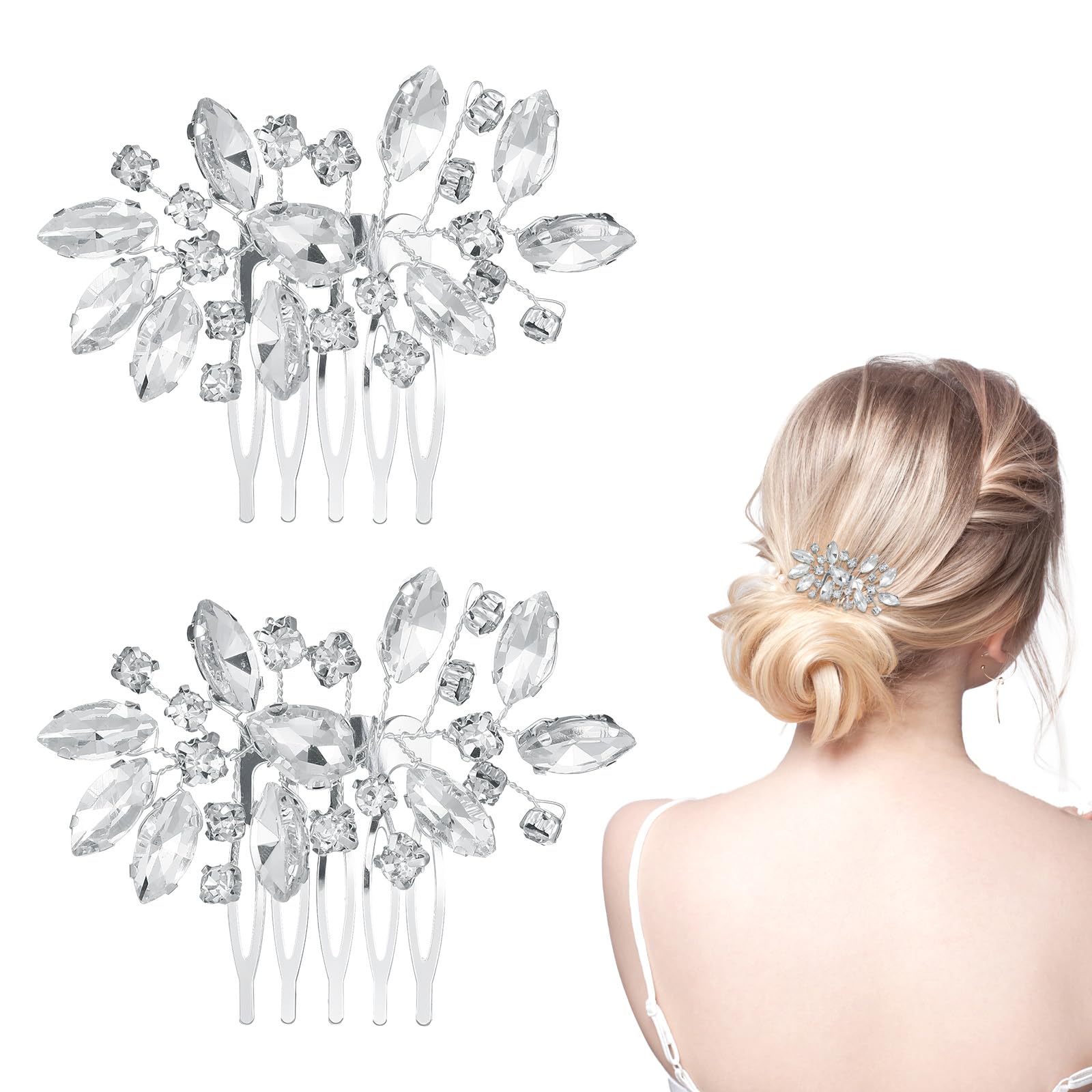 2 Pcs Crystal Bride Wedding Hair Comb, Silver Rhinestone Silver Bridal Side Comb Bridal Hairpieces Bridesmaid Clips Accessories, Silve-Bridal-Headpiece Wedding Hair Piece for Women and Girls