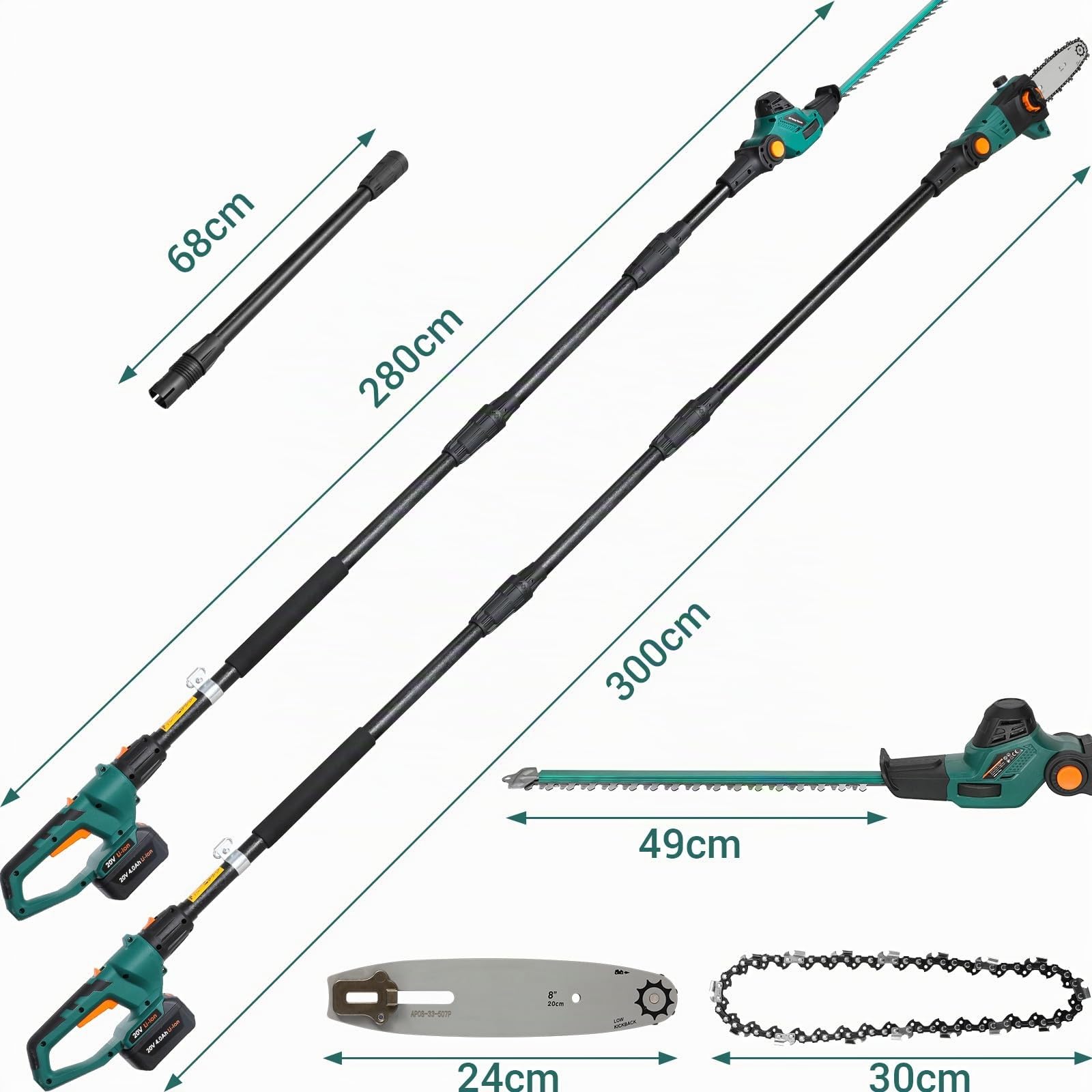 Cortasetos y podadora telescópica inalámbrica 2 en 1, herramienta multijardín inalámbrica, con batería/cargador de iones de litio de 20 V y 4,0 Ah, mango principal giratorio, ángulo de corte ajustable