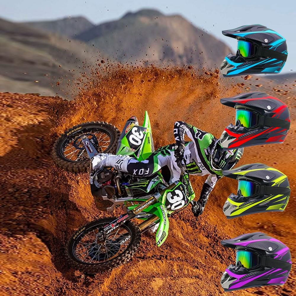 Casco Per ATV Per Bambini Omologato DOT Con Visiera, Per Moto da Cross Elettrica, Casco Per Mountain Bike Fuoristrada E Downhill Per Bambini Dagli 8 Ai 14 Anni, con Occhiali, Guanti E Maschera