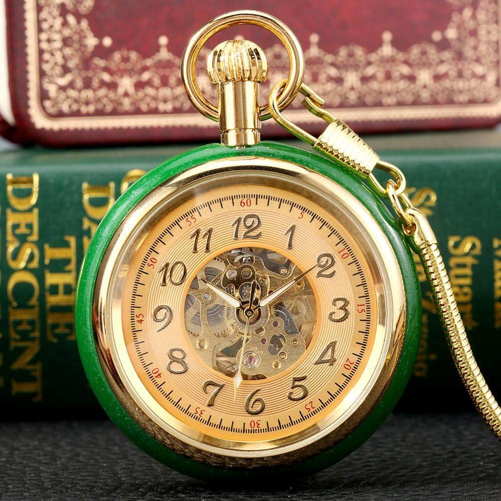 Hervorragende automatische mechanische Taschenuhr mit Jade-Gold-Aufzug, Skelett-Zifferblatt, Taschenuhrkette, Luxus mit Schlangenkette