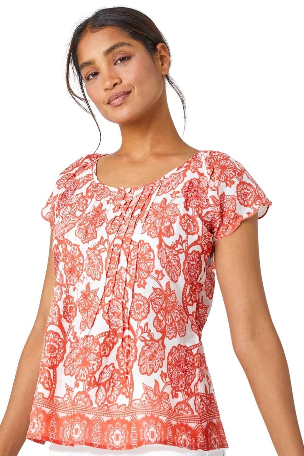 Roman Originals Women's Coral Floral Print Cotton Top For Uk - Everyday Holiday Spring Summer Round Neckline Comfy Soft Evening Vacation Work Party - Size 8